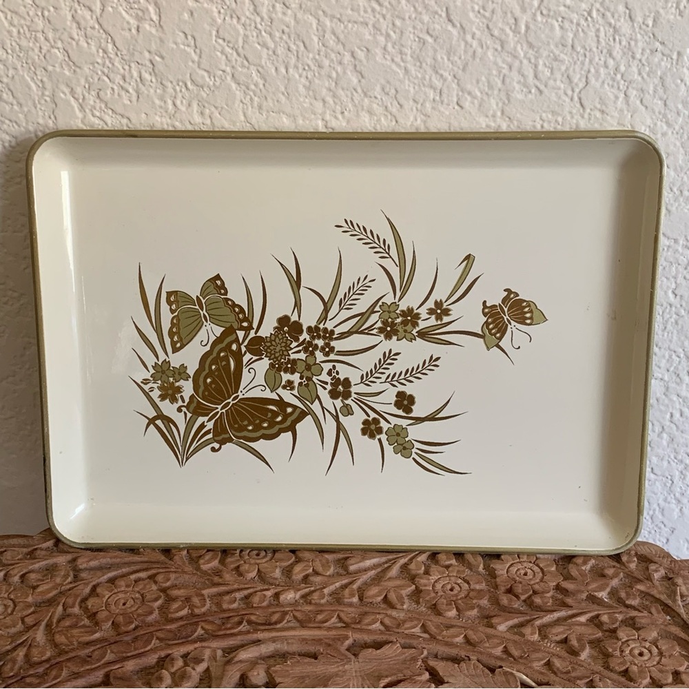 Vintage Otagiri Japan Butterflies Floral Lacquerware Mini Tray Decor Gold Ivory